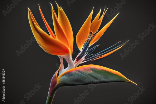 A vibrant orange and yellow bird of paradise flower set against a dark black background