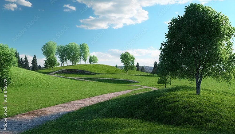 Fototapeta premium Morning Spring Landscape featuring Blue Sky and Green Grass Field, Generative AI