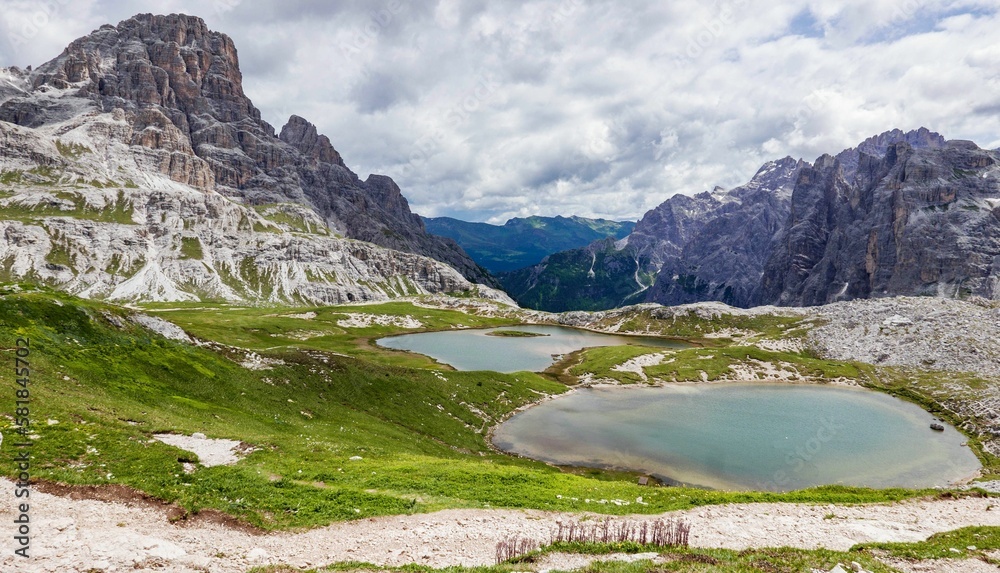 Beautiful landscape of the Tre Cime di Lavaredo mountain range in Dolomites, Italy.