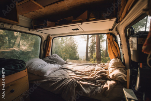 interior of a camper van. Van life. adventure holiday. Generative ai