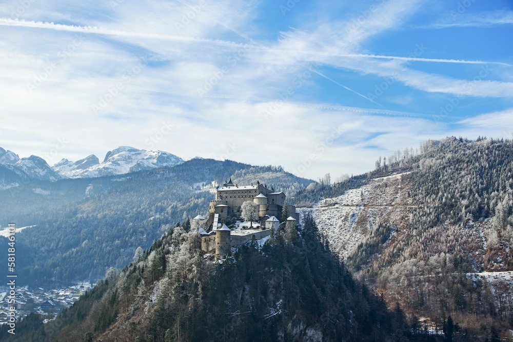 Hohenwerfen castle and fortress above the Salzach valley at Werfen in Austria