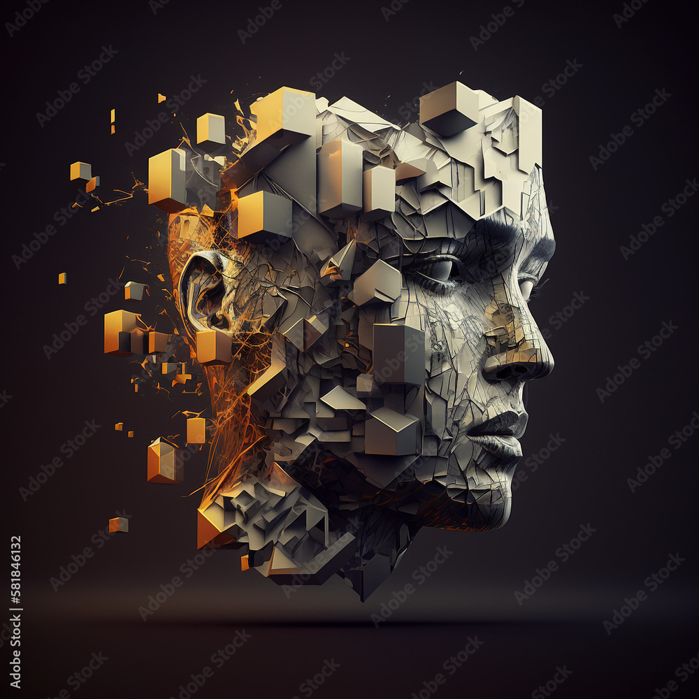 Generative ai abstract human face cubic 3d render. Artificial ...