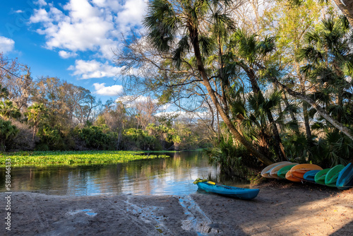 Colorful canoes by lake surrounded by tropical trees at sunset in Wekiwa Springs State Park, Florida photo