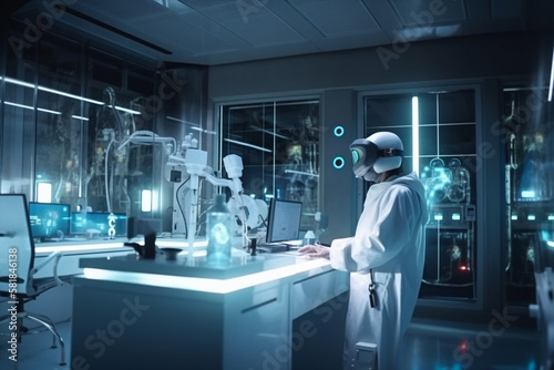 Generative ai scientist working futuristic laboratory wearing safety glasses