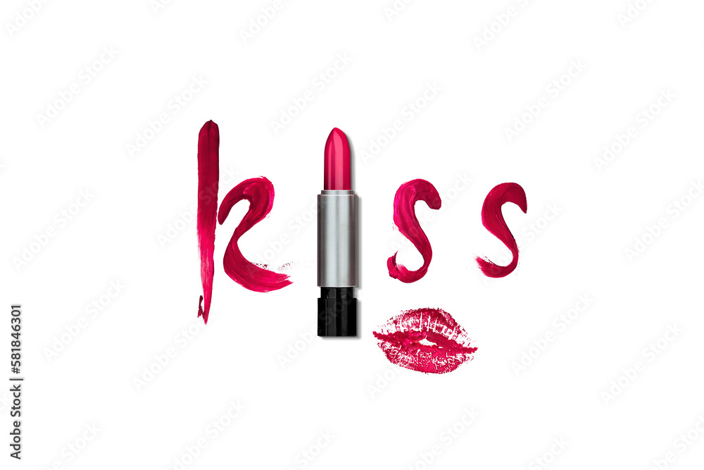 Lipstick makeup concept. Lipstick kiss marks. Make-up Visage accessories. Background for design with empty copy space. Lipstick makeup concept. Lipstick kiss marks. Make-up Visage accessories. Background for design with empty copy space.
