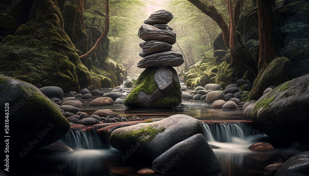 Obraz premium Tranquil Stacked Zen Stones and Pebble Rocks in a Serene Stream, Generative AI
