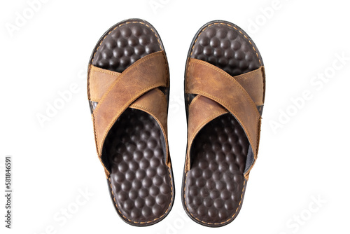 Top view men sandals brown leather flip flop shoes isolated on transparent background