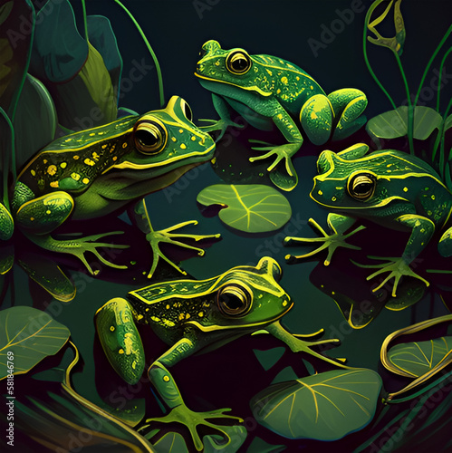 Frogs , frogs on a leaf . Green Animal illustration . Nature view concept. Generative AI . 