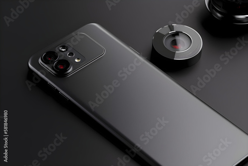 Mobile cellphone, back of the smartphone, phone lens minimalistic, smartphone lying on desk, blog, buisness concept