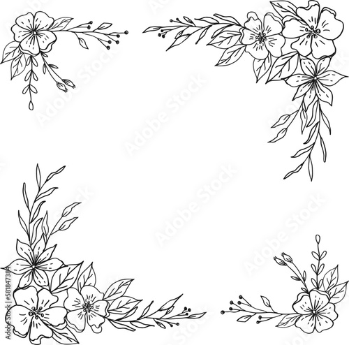 Simple Floral border with hand drawn leaves and flowers