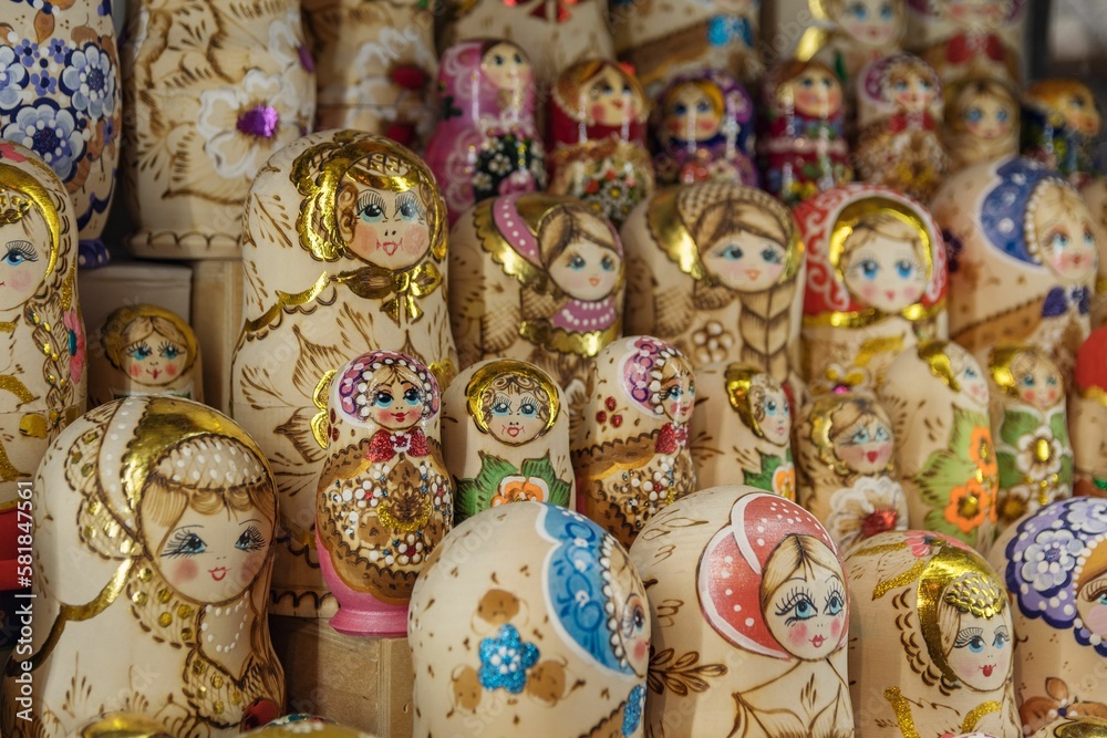 Closeup of Russian nesting dolls or Matryoshka dolls for sale in store