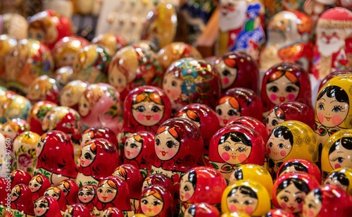 Closeup of Russian nesting dolls or Matryoshka dolls for sale in store