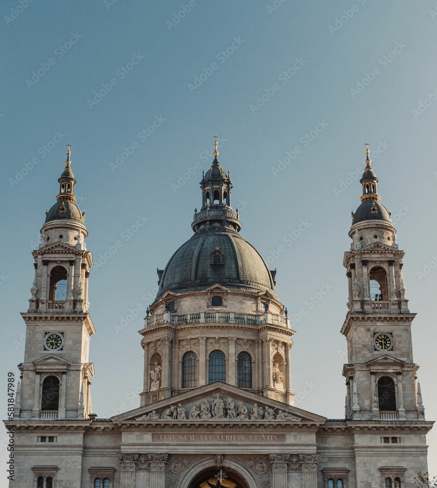 Low angle shot of St. Stephen's Basilica in Budapest, Hungary