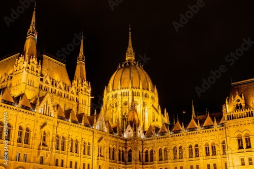 Low angle view of the famous Hungarian parliament building in Budapest at night