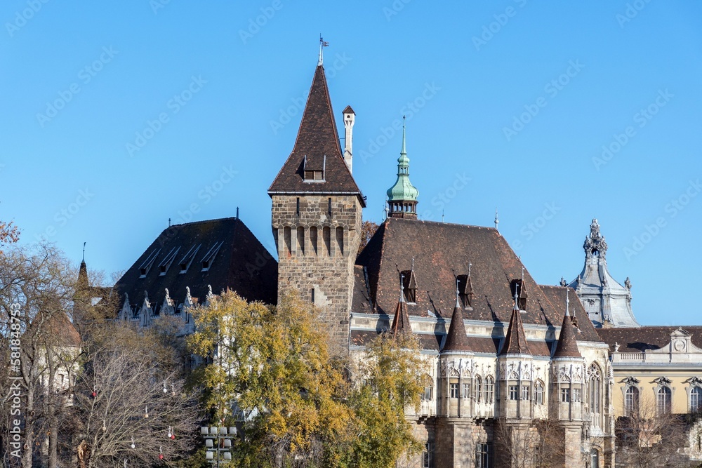 Fototapeta premium Scenic Vajdahunyad castle against the blue sky in Budapest, Hungary