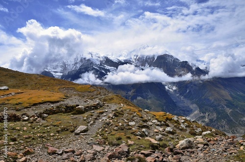 View of the Gangapurna mountain and Gangapurna glacier. Manang District, Nepal, Himalayas, Asia. 