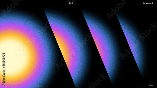 Prismatica Minimalist Fuzzy Circle Gradient Dark Mode with Grain Texture and Bold Saturated Blue Purple Orange Yellow Colors Radiating Central Glow with Easy to Customize Swatch Colors