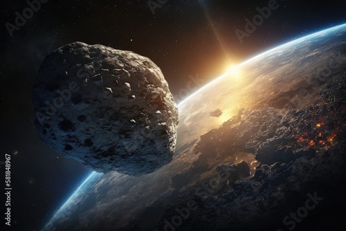 Meteor illustration towards earth, apocalypse concept. Generative AI