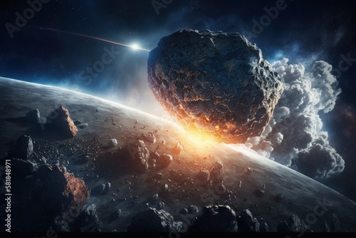 Meteor illustration towards earth, apocalypse concept. Generative AI photo