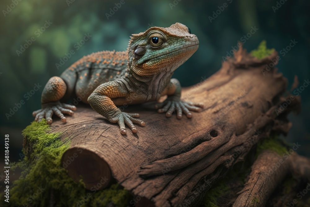 Beautiful lizzard on a log generated by AI