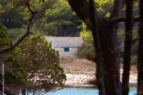 Traditional stone house and wild beach on Proizd, small island near Vela Luka, Croatia. photo