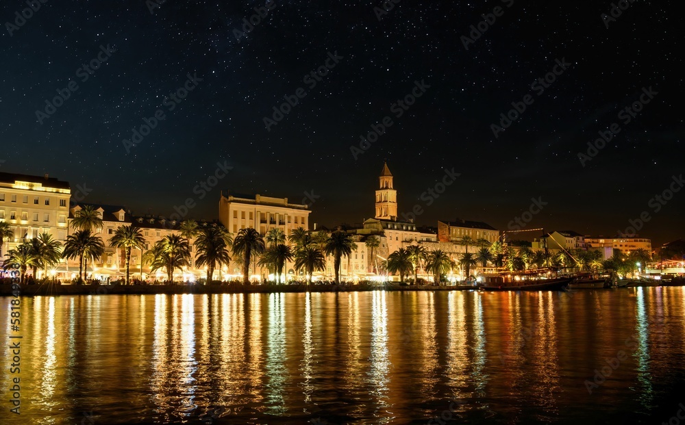 Illuminated night cityscape of coastal Split in Croatia
