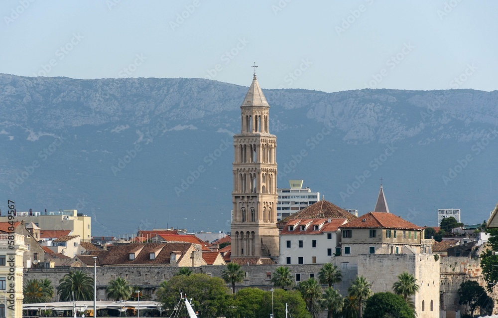 Saint Domnius Catholic Cathedral in Split, Croatia captured against a skyline of mountains