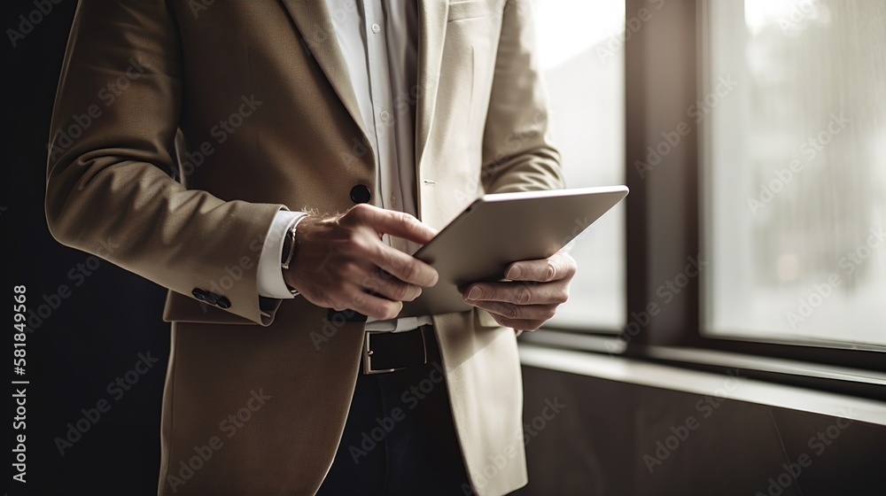Naklejka premium Business People using tablet with blank screen for tablet mockup in working office, Business Concept People using tablet, AI generated