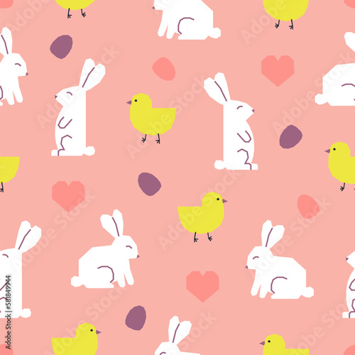 Seamless pattern with Easter rabbits, chickens, eggs and hearts. Cutout colorful elements on pink background.