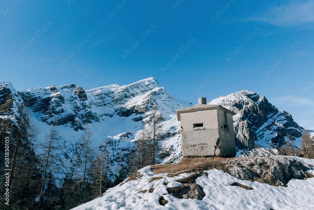 World War 1 bunker on top of Vrsic mountain pass in Julian alps, Slovenia
