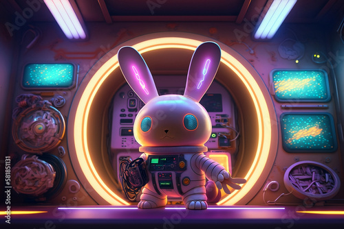 Japanese neon cyberpunk space suit Easter bunny rabbit flying to to the moon in space to mine crypto tokens, pink, teal, blue, green, yellow, purple glowing lights