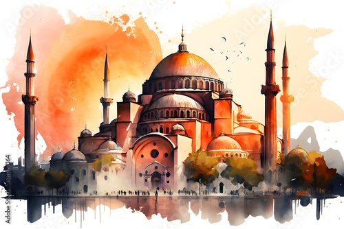Sophia Mosque in Turkey watercolor, Istanbul, Generative AI 1 Fototapet