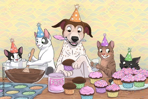 Cartoon illustration of a dog and cats baking birthday cupcakes
