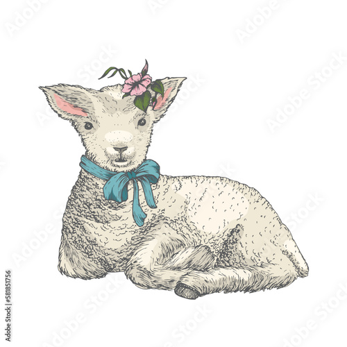 Hand Drawn Cute Easter Greetings Lamb with Flowers Vector Illustration. Little Animal with Bunch of Spring Flowers. Holiday Engraving Style Colorful Drawing Isolated