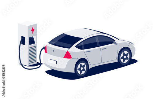 Modern electric crossover car charging at fast charger ev station with a plug in cable. Electrified battery vehicle transportation. Isolated flat vector illustration on white background. Rear view. (ID: 581852359)