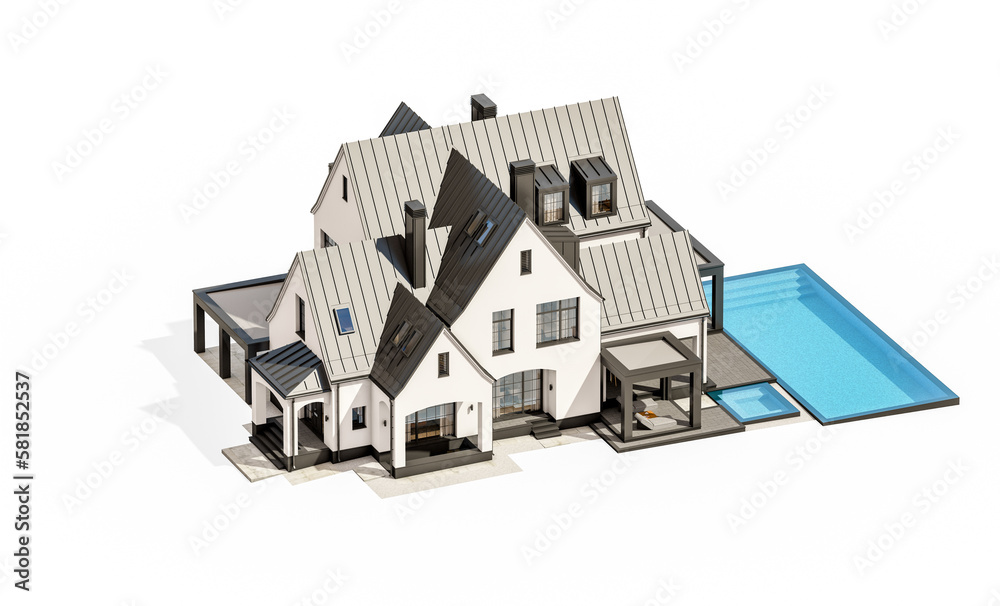 3d rendering of cute cozy white and black modern Tudor style house with parking and pool for sale or rent with beautiful landscaping. Fairy roofs. Isolated on white 3d rendering of cute cozy white and black modern Tudor style house with parking and pool for sale or rent with beautiful landscaping. Fairy roofs. Isolated on white