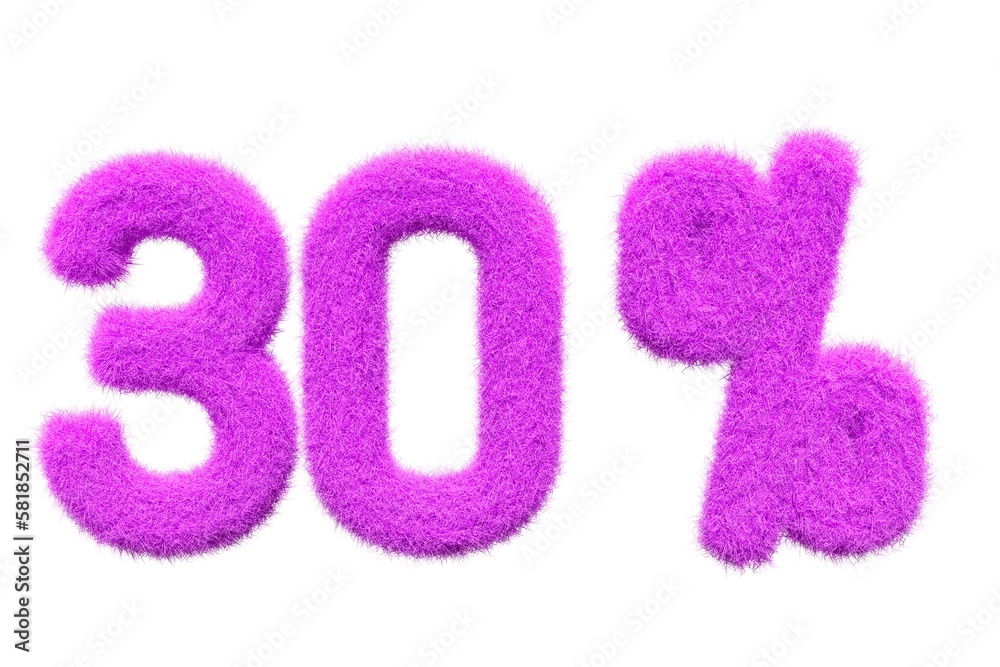 30% pink fur 3D render, fluffy  promotion and discount price illustration 