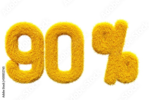 90% yellow fur 3D render, fluffy promotion and discount price illustration 