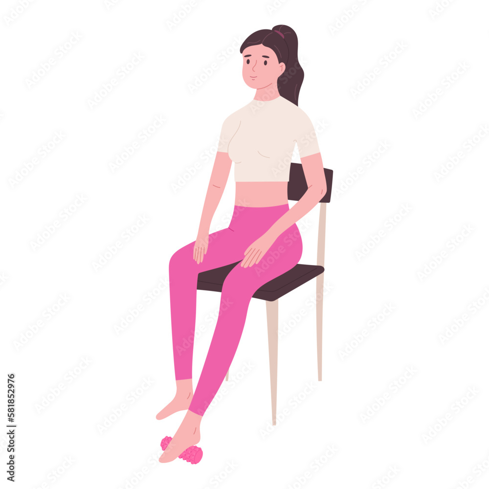 Fototapeta premium Woman sitting and exercising with foot roller - flat vector illustration isolated on white background. Smart fitness workout. Yoga and pilates equipment. Physiotherapy and rehabilitation.