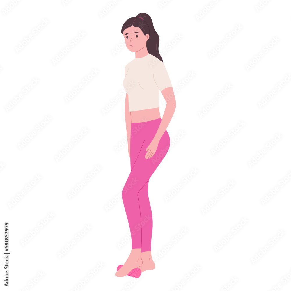 Woman exercising with foot roller, self massage concept - flat vector illustration isolated on white background. Smart fitness workout. Yoga and pilates equipment. Physiotherapy and rehabilitation. Woman exercising with foot roller, self massage concept - flat vector illustration isolated on white background. Smart fitness workout. Yoga and pilates equipment. Physiotherapy and rehabilitation.