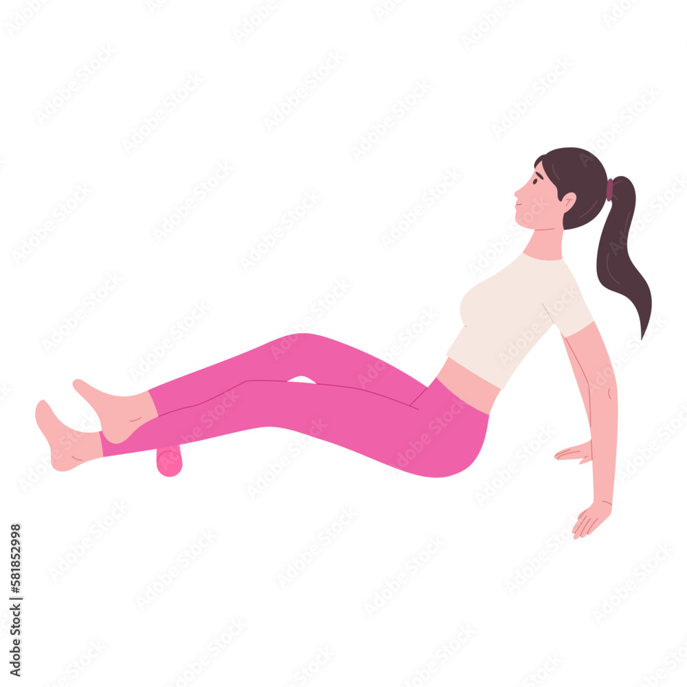Woman rolling foam roller on her calves, flat vector illustration isolated on white background. Smart fitness workout. Myofascial release. Yoga and pilates equipment. Woman rolling foam roller on her calves, flat vector illustration isolated on white background. Smart fitness workout. Myofascial release. Yoga and pilates equipment.