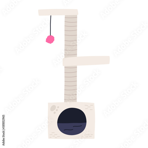 Cat scratching post with house and ball toy, cartoon flat vector illustration isolated on white background. Hand drawn accessory for kittens. Cat tree or tower. Furniture for pet and domestic animal.