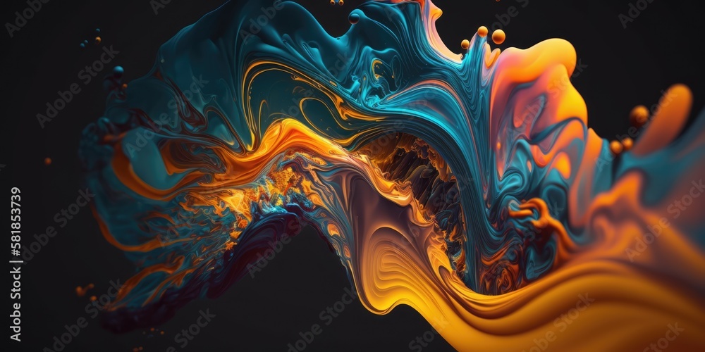 Abstract colorful fluid design background. Yellow and blue abstract background, fluid splash, swirl on black.