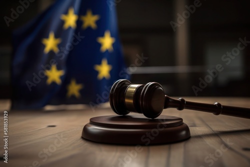 Judges wooden gavel with EU flag in the background, generative ai