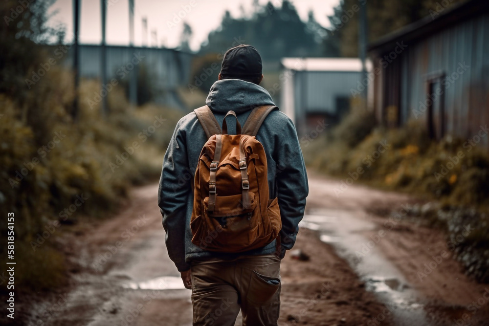 A man with a backpack seen from behind walks on a dirt road - Ai generative