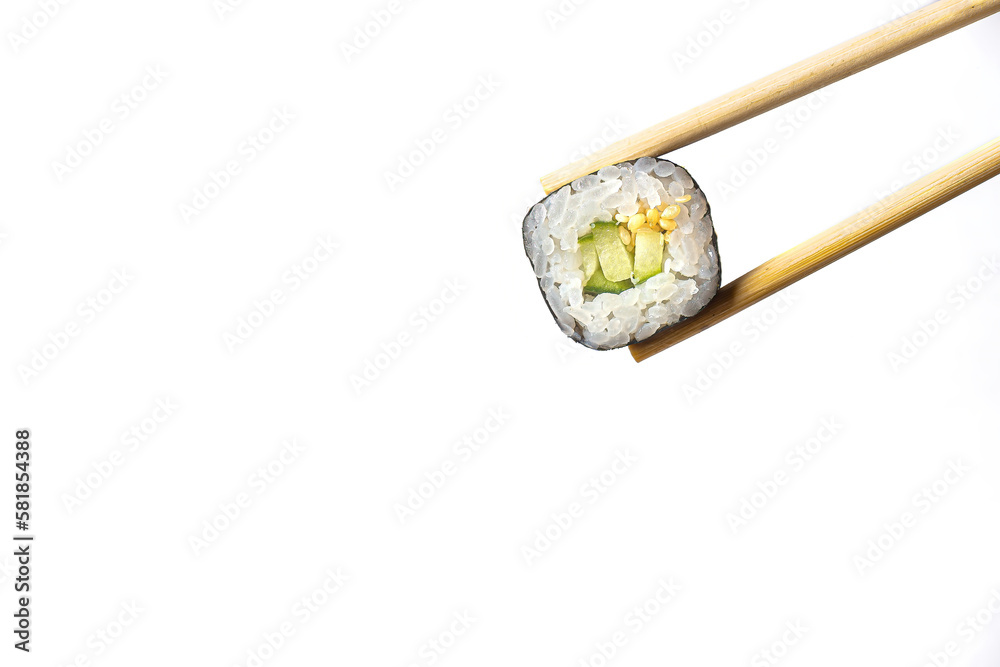 rolls with rice and vegetables are held with chopsticks on a white background rolls with rice and vegetables are held with chopsticks on a white background