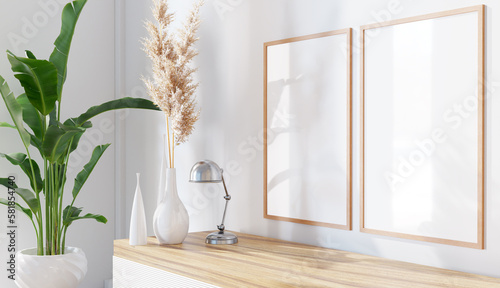 minimal room with picture frame mock up design, 3d illustration rendering