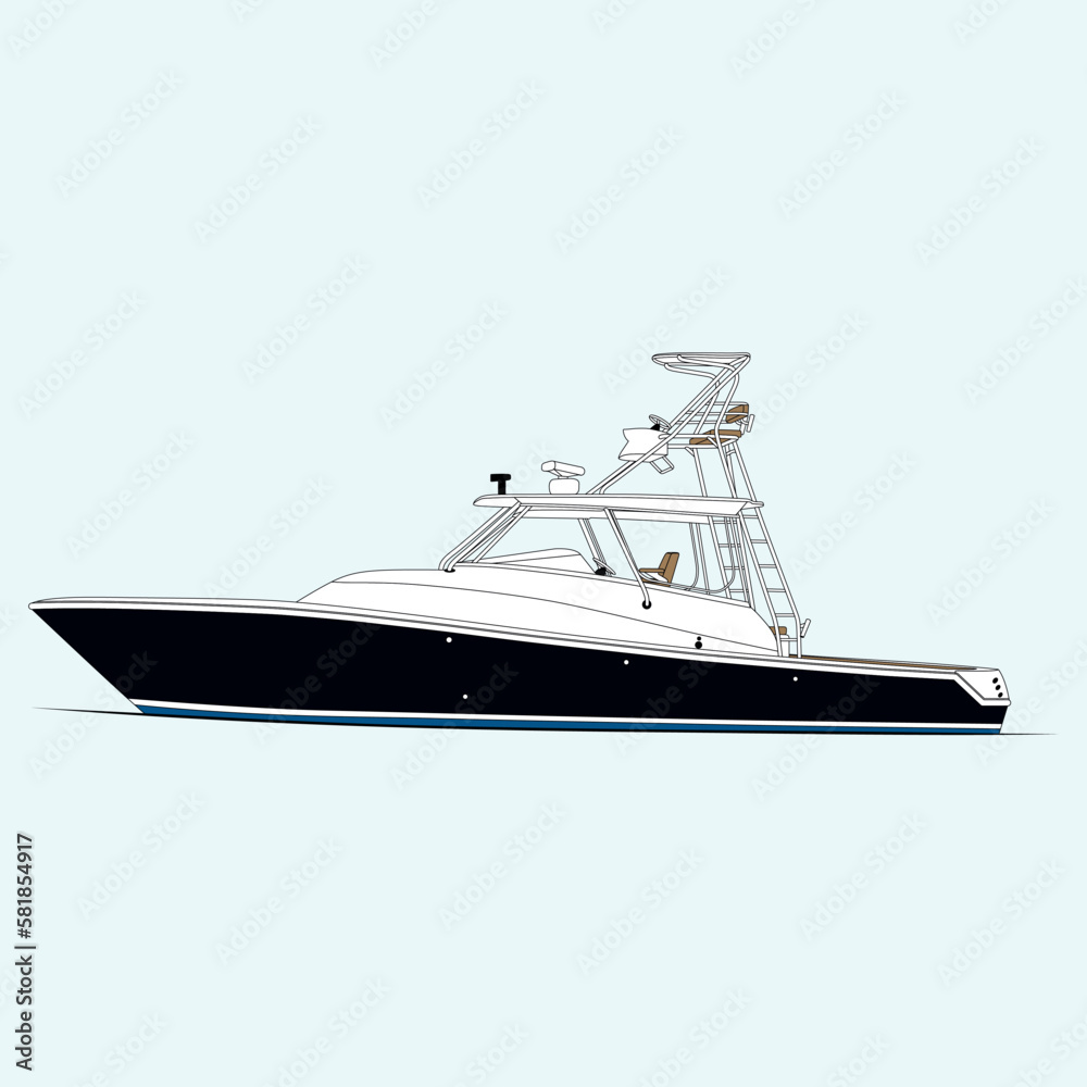 High-quality side view vector art of a fishing boat. Which printable on numerous objects.