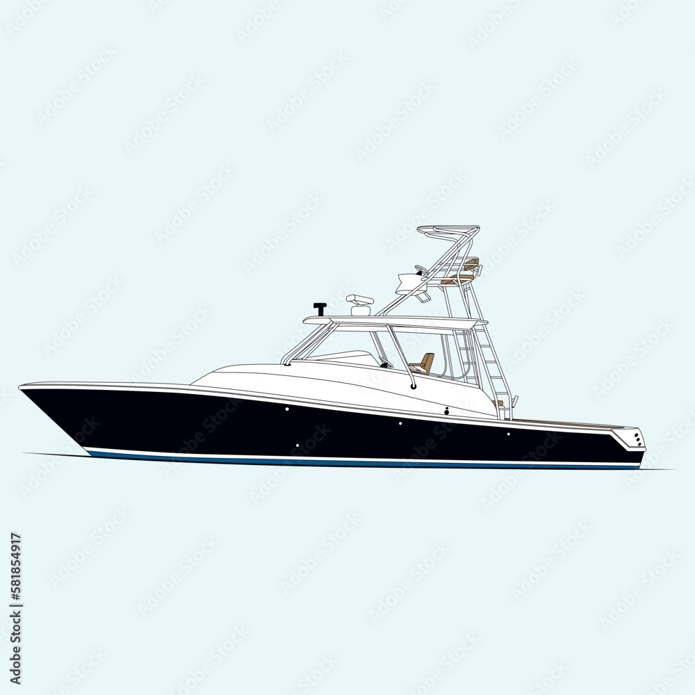 High-quality side view vector art of a fishing boat. Which printable on numerous objects. High-quality side view vector art of a fishing boat. Which printable on numerous objects.