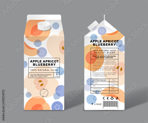 Apricot, Apple and Blueberry juice.  Template packaging design. Transparent Berries, Apricots, Apples, slices, halves of fruits.
